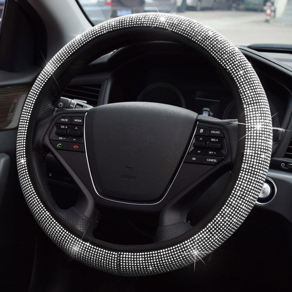 38cm Bling Rhinestones Steering Wheel Cover for Women Girl with Crystal Diamond Sparkling Car SUV Breathable Anti-Slip Universal Steering Wheel Covers