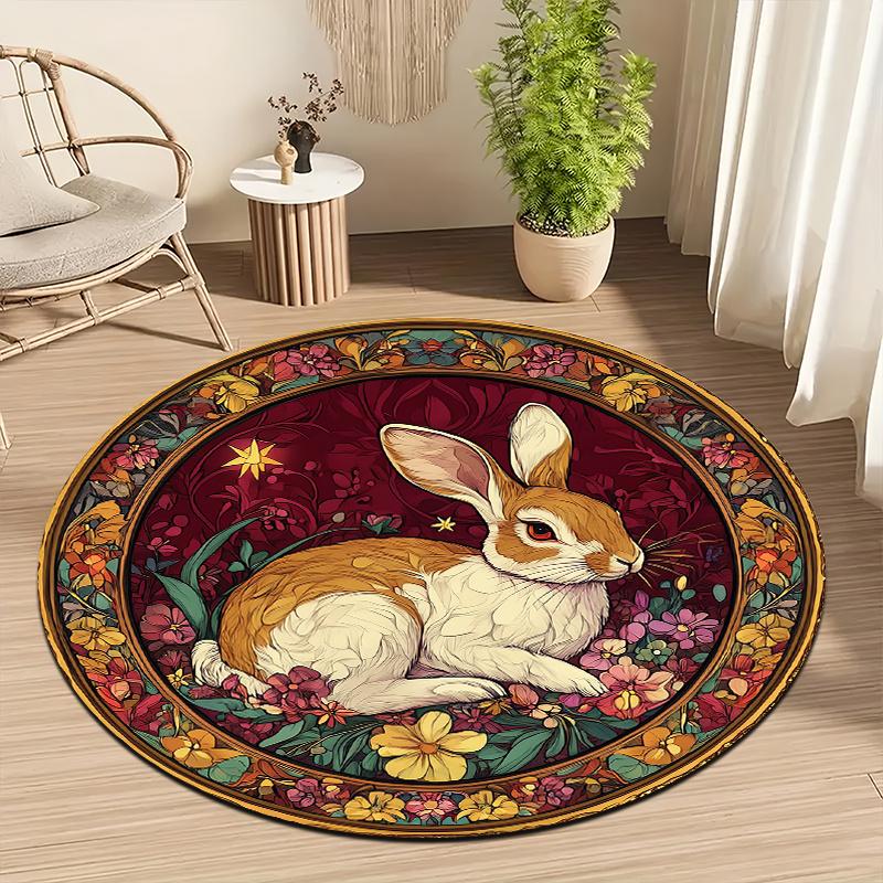 Vintage Rabbit Floral Round Rug Non-Slip Machine Washable Floor Mat 2D Flat Soft Area Rug for Living Room Hallway Easter Decor