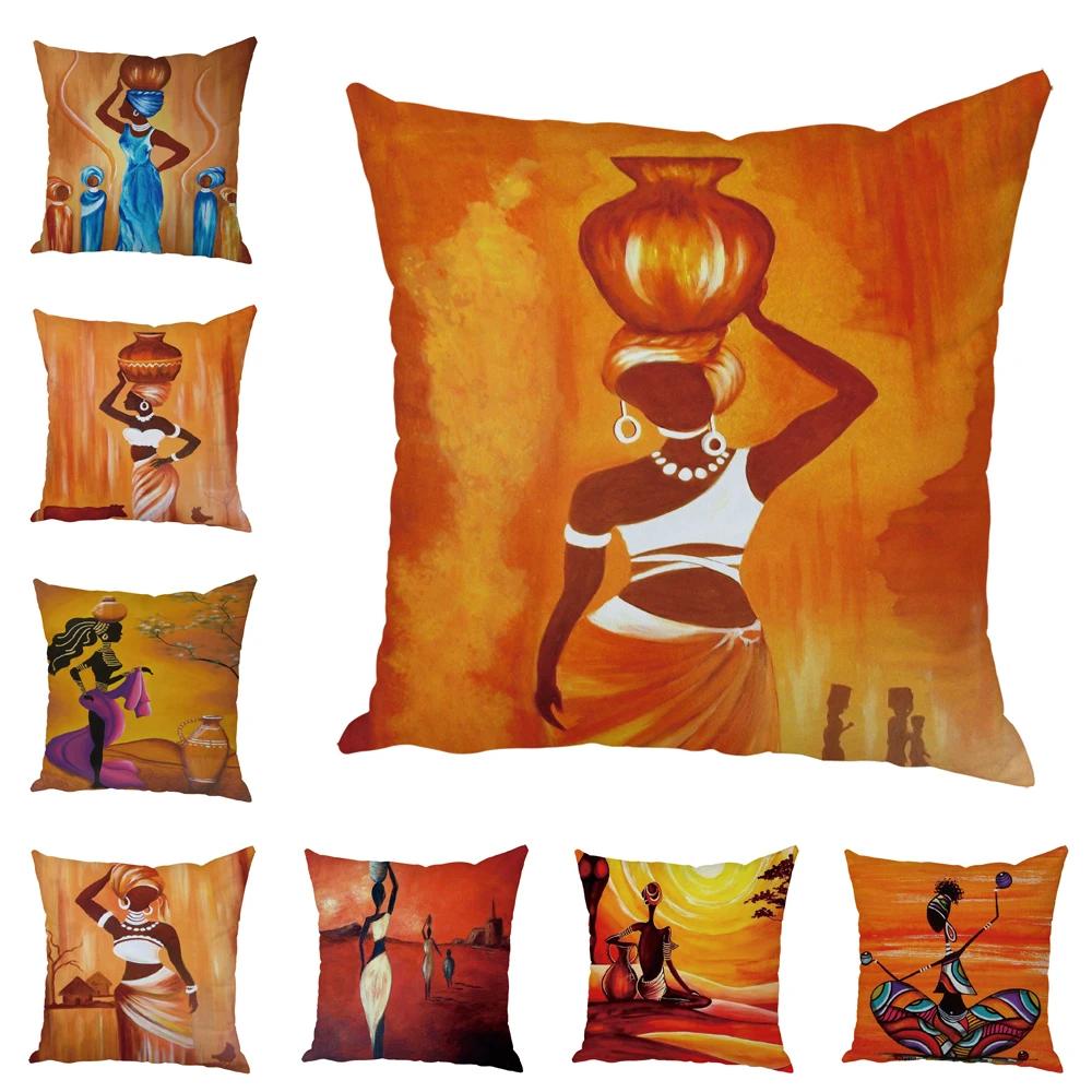 Peach Skin Cushion Cover 45x45cm Abstract Painting Africa Life Pillowcase African Woman Home Decor Gallery Exotic Pillow Case