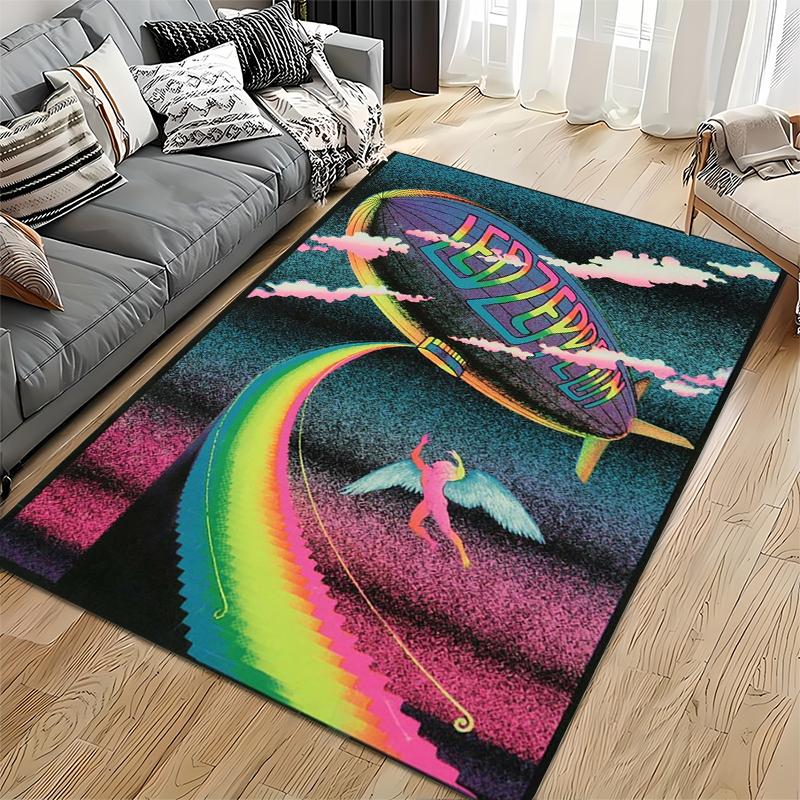 Led Zeppelin Blimp with Angel & Rainbow Design Non-slip rug suitable for living room and bedroom sofas.