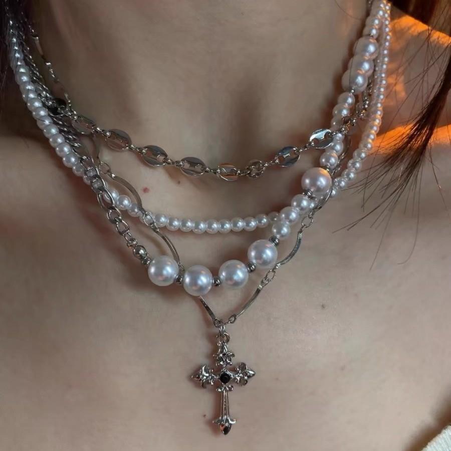 Unordered Pearl Cross Necklace With Handcrafted Alloy Chain For Unisex Fashion Accessory