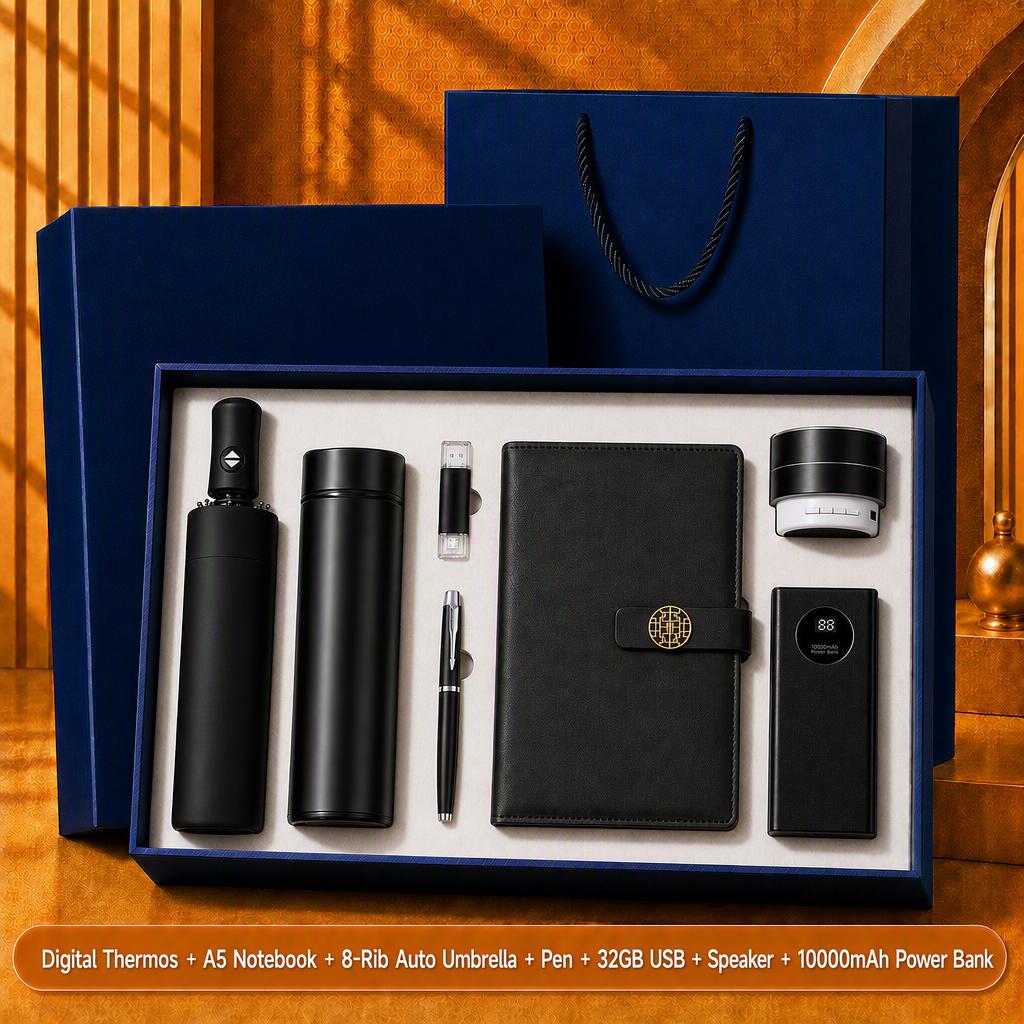 Custom Logo 7-in-1 Business Gift Set Power Bank Bluetooth Speaker Vacuum Flask 304 Stainless Steel Silver Gift Box