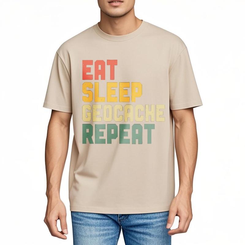 Unisex T-Shirt Atmungsaktiv Für ihn Rundhals-T-Shirt Neues T-Shirt Tragen Essen Schlafen Geocaching Wiederholen Trendiges Jungen-T-Shirt Trendiges T-Shirt