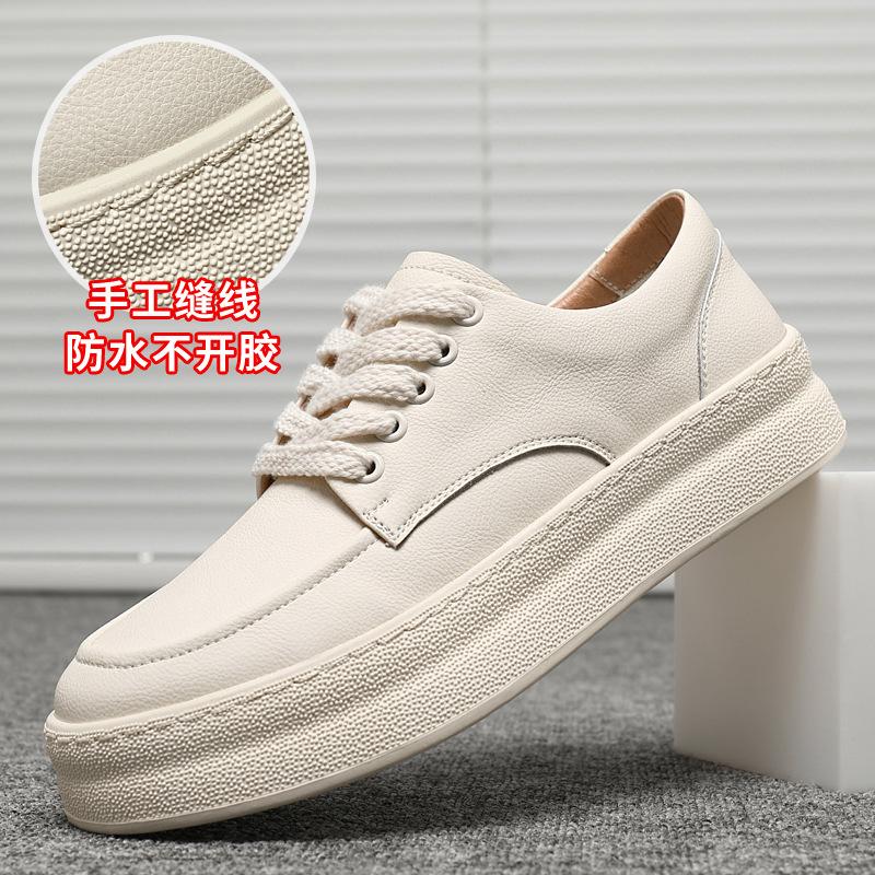 New leather men's white lace-up sneakers fashionable versatile casual durable heightening platform shoes