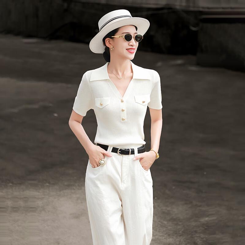 Damen Sommer POLO-Kragen Strick Kurzarm Top