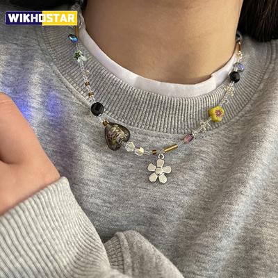 Dainty Acrylic Flower Necklace Elegant Crystal Beaded Chain Choker Necklace Wedding Jewelry Women Flower Sweater Chain