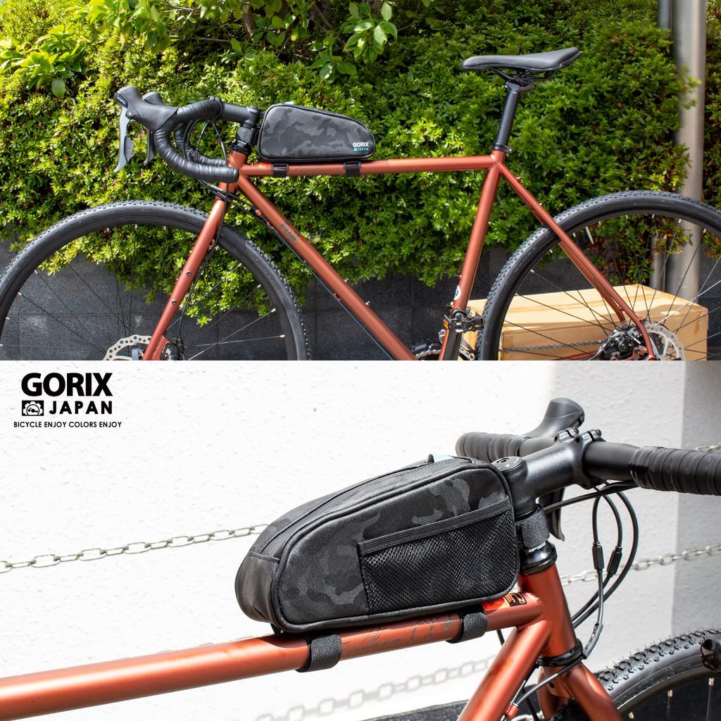 GORIX Bicycle Top Tube Camo Lightweight 1L Front Frame Smartphone Mesh Zipper Closure Small Item for Road Cross and Other Bag, Waterproof, Pattern,