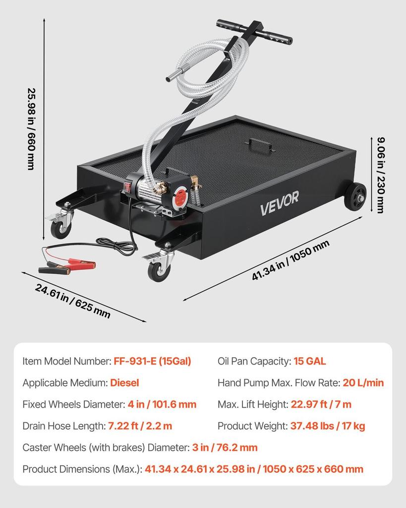 Low Profile Oil Drain Pan, 56.8 L Capacity, Rolling Oil Drain Pan with Electric Pump & 2.2 M Hose, Leak-proof & Corrosion-resistant, Fit for Cars,