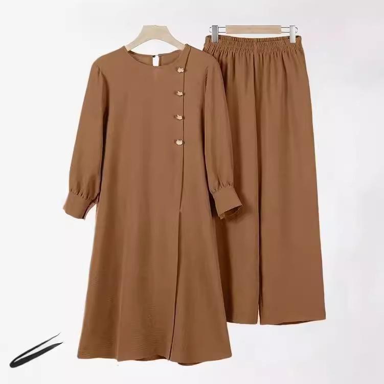 Women's Plus Size Two Piece Elegant Solid Color Side Slit Long Shirt Wide Leg Pant Suit