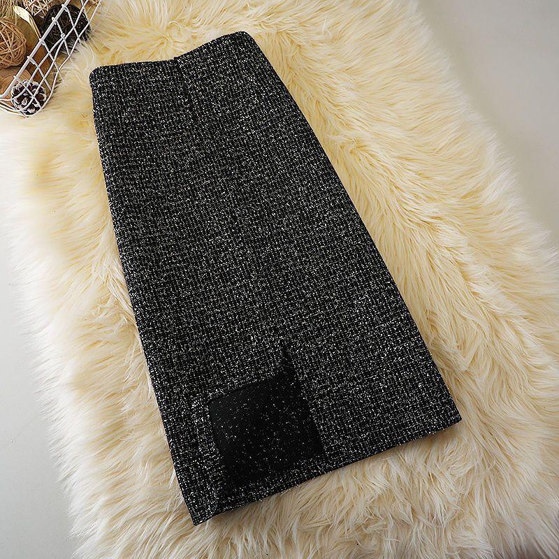 Winter Fashion Korean Edition High Waist Shiny Silk Small Fragrant Fur Temperament Mid Length A-line Split Skirt