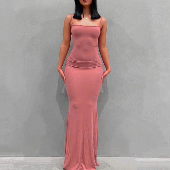 Women Sling Dress Sleeveless Square Collar Slim Fit Floor Length Dress Solid Color Office Party Wedding Sexy Dress
