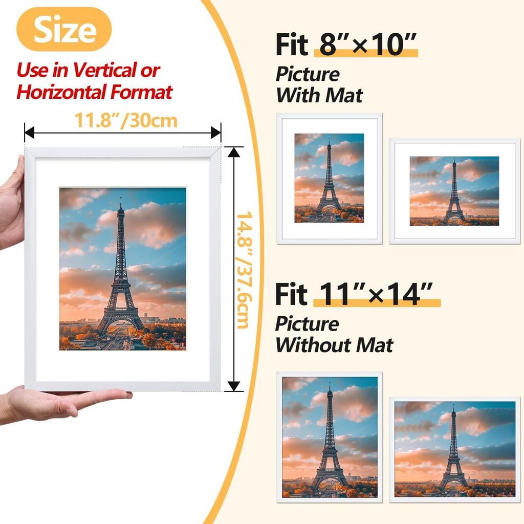 11 x14 Picture Frame Set of 4, White Photo Frame 8x10 with Mat Poster Frame Horizontal and Vertical Formats for Wall Hanging or Tabletop