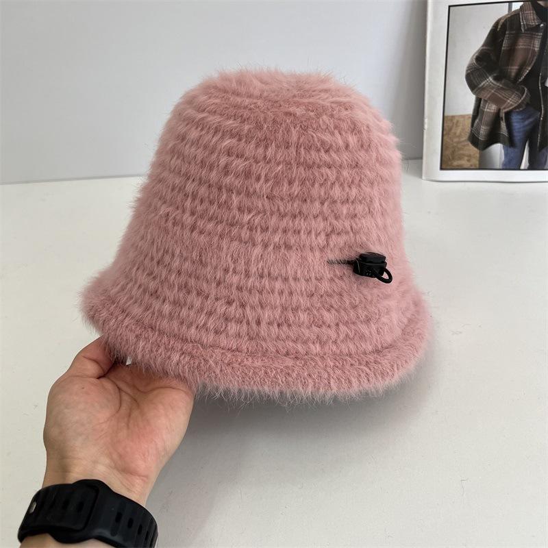 New Autumn and Winter Plush Fisherman's Hat Children Show Their Faces Small Knitted Bucket Hat Fluffy Ear Protector Drawstring Warm Basin Hat