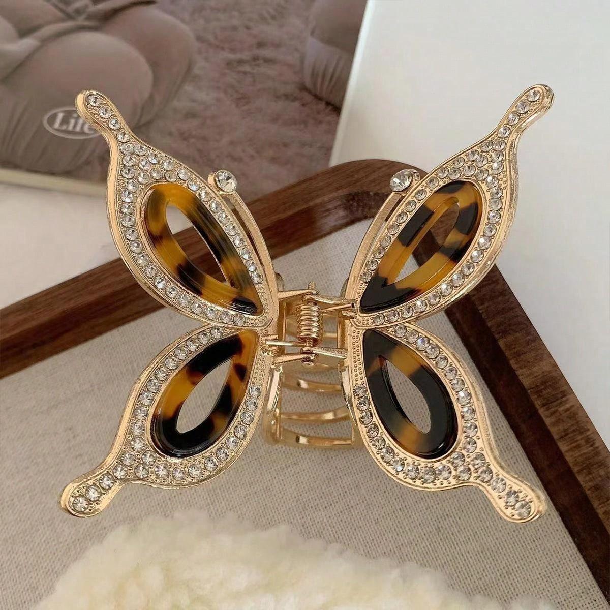 

1 шт. Элегантная женская заколка-краб с водяными бриллиантами и бабочкой, женская заколка для волос из премиального сплава, заколка-акула, головной убор