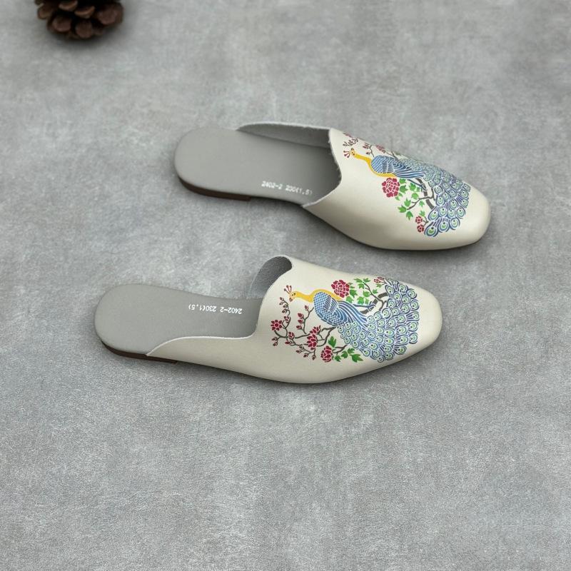 Genuine Leather Flip-flops Ethnic-style Hand-painted Shoes Cowhide Flat-bottomed Flip-flops