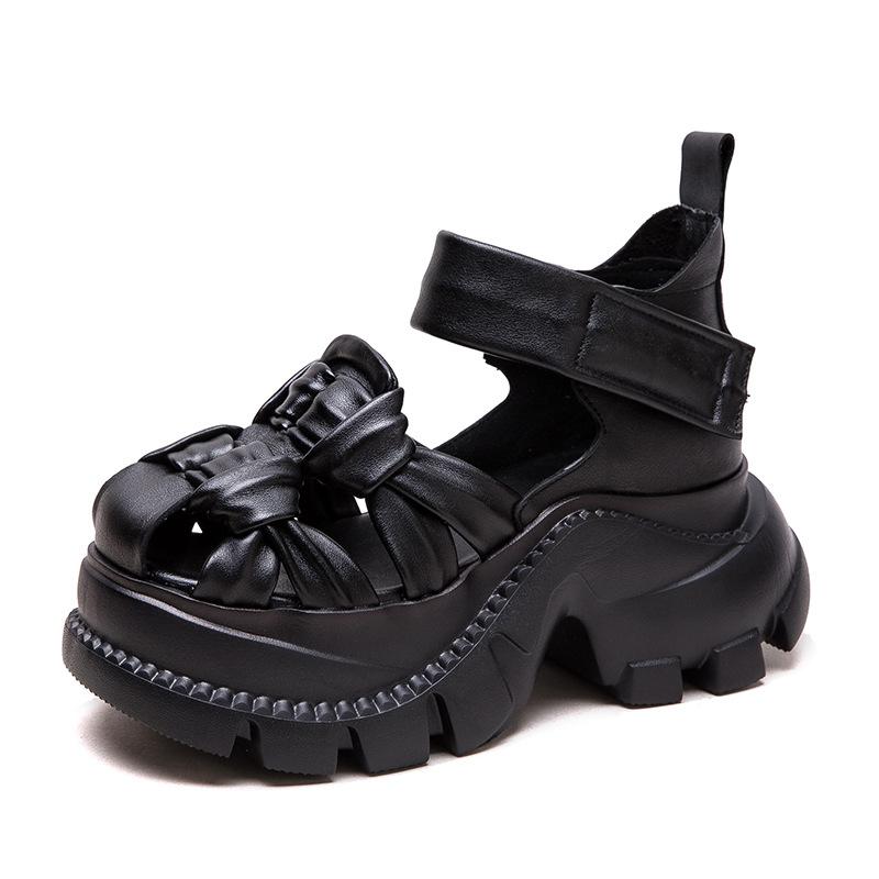 Jieshu Summer New Niche Style Muffin and First-layer Cowhide Sandals Comfortable Woven Breathable Retro Women's Shoes