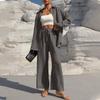 Women's Fashion Solid Color Long Sleeved Button Cardigan Top Elastic Waist Casual Pants Two-piece Set