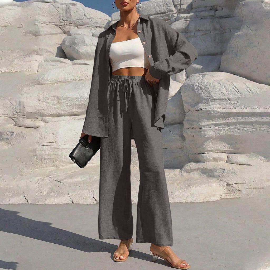 Women's Fashion Solid Color Long Sleeved Button Cardigan Top Elastic Waist Casual Pants Two-piece Set