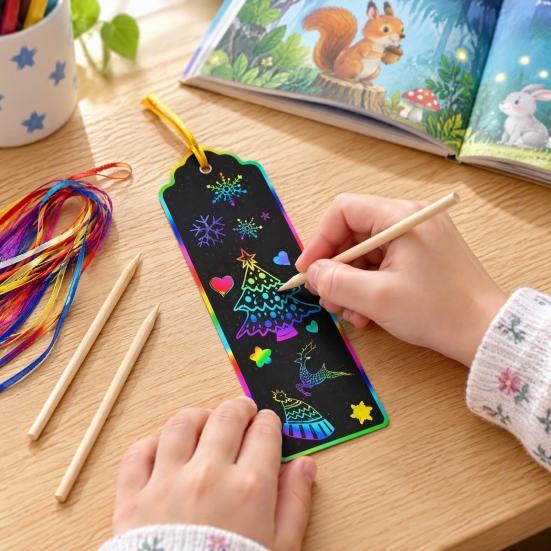 Paper Crafts for Holiday Gifts 12PCS Scratch Art Bookmarks, Thick White Cardboard Creative Rainbow Drawing Paper, DIY Projects Minds Artistic