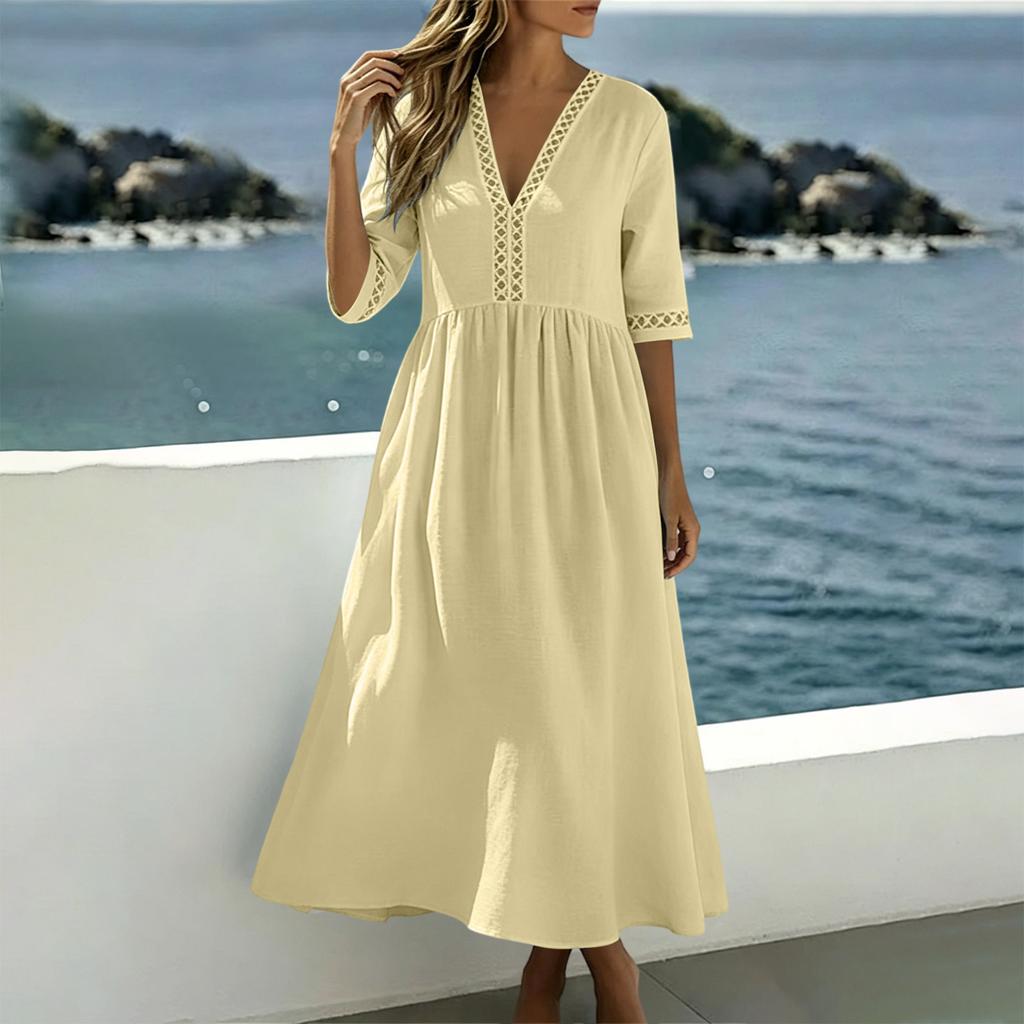 Women Casual Loose Fit V Neck Short Sleeve Dress Cotton Linen Blend Midi Length Summer Dress with Lace Trim Detailing