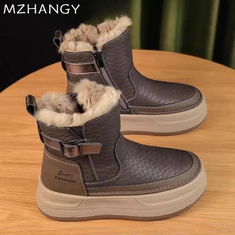 Platform Womens Snow Ankle Boots Leather Short Plush Cotton Shoes Trend Fashion Warm Cozy Women High-top Ankle Boots Botas Mujer