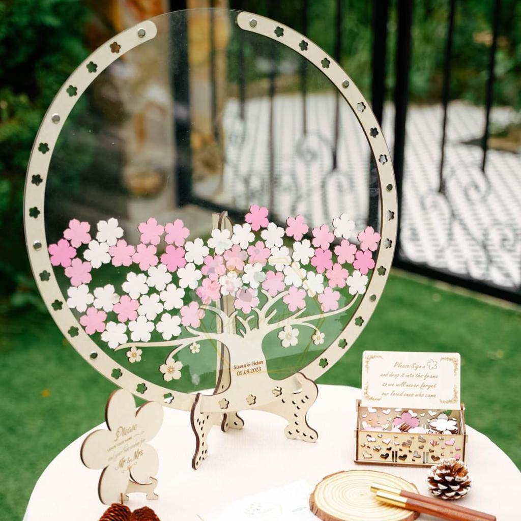 Albero Libro degli Ospiti di Matrimonio in Legno - Tema Fiori di Ciliegio Tavolo Segnaposto Espositore Decorazione Rustica per Matrimonio per Auguri e Firme degli Ospiti