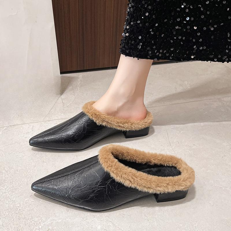 Winter New Pointed Toe Deep Mouth Soft Sole Non-slip Padded Velvet Soft Sole Block Heel Shoes Baotou Slippers