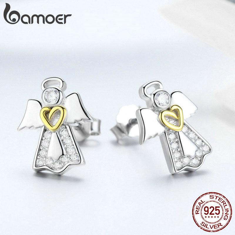 BAMOER Hot Sale Genuine 925 Sterling Silver Guardian Angel Exquisite Stud Earrings for Women Fashion