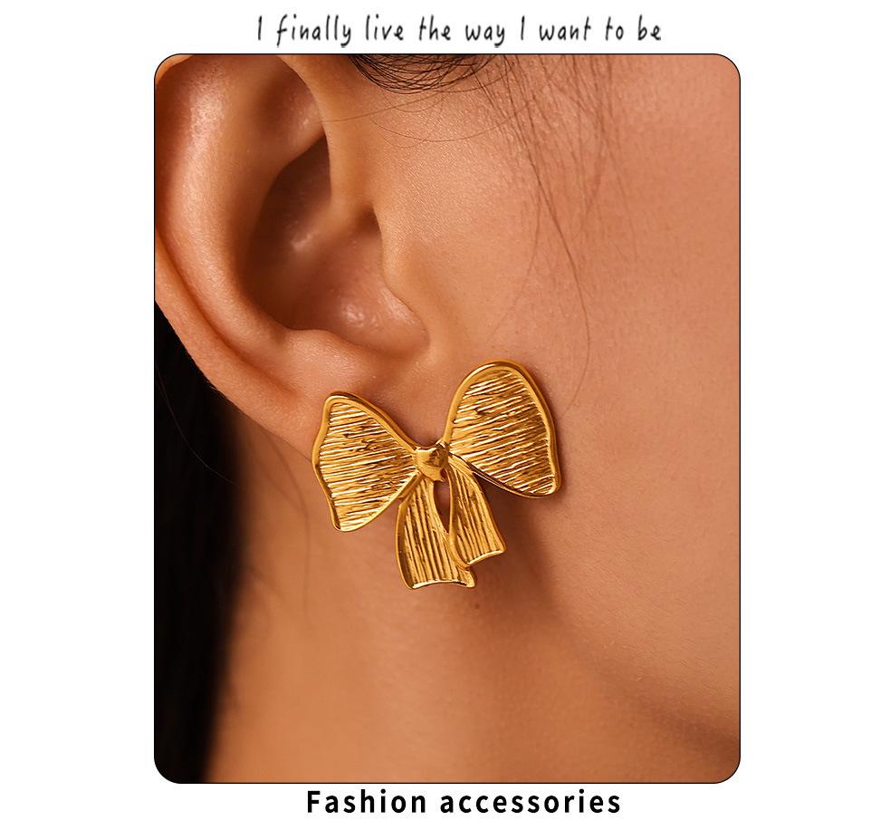 Qiong Yao European Style Bow Stud Earrings, Stainless Steel, Colorfast, Hypoallergenic, Simple Design for Women