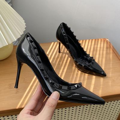 Rivet Black High Heels Women's New Versatile Pointed Head Shallow Mouth Stiletto Temperament Patent Leather Shoes
