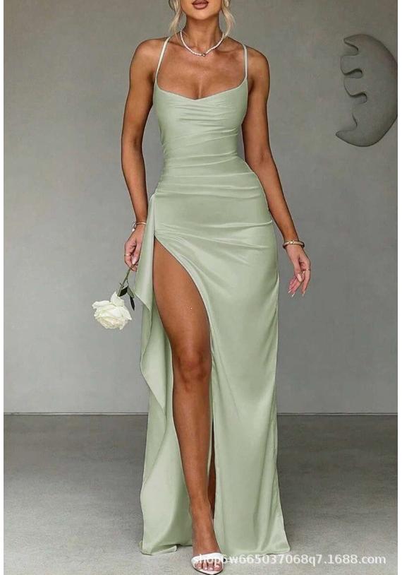 Europäisches und amerikanisches Sommer-Neues elegantes und modisches einfarbiges Trägerkleid mit langem Schlitz, schulterfrei für Damen
