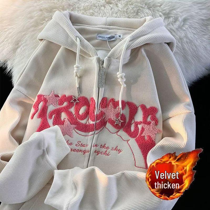 Women’s Vintage Star Corduroy Hooded Jacket - Trendy Loose Fit for Spring & Autumn