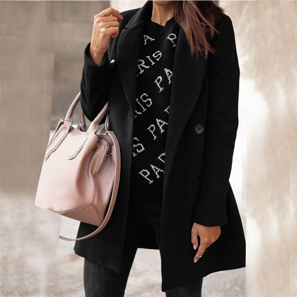 Fashion Women's Long Sleeve Double Breasted Tweed Collar Loose Tops