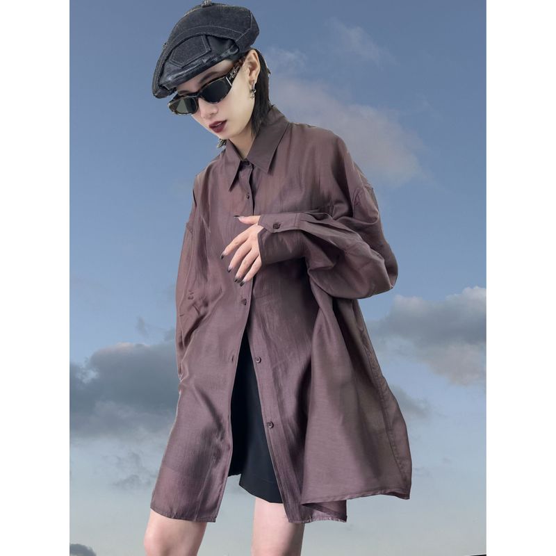 

Erold 2025 Summer New Arrival Shirt Women Tencel Draping Effect Slightly Breathable Plaid Cool Loose Sun Protection Top Coffee All yards