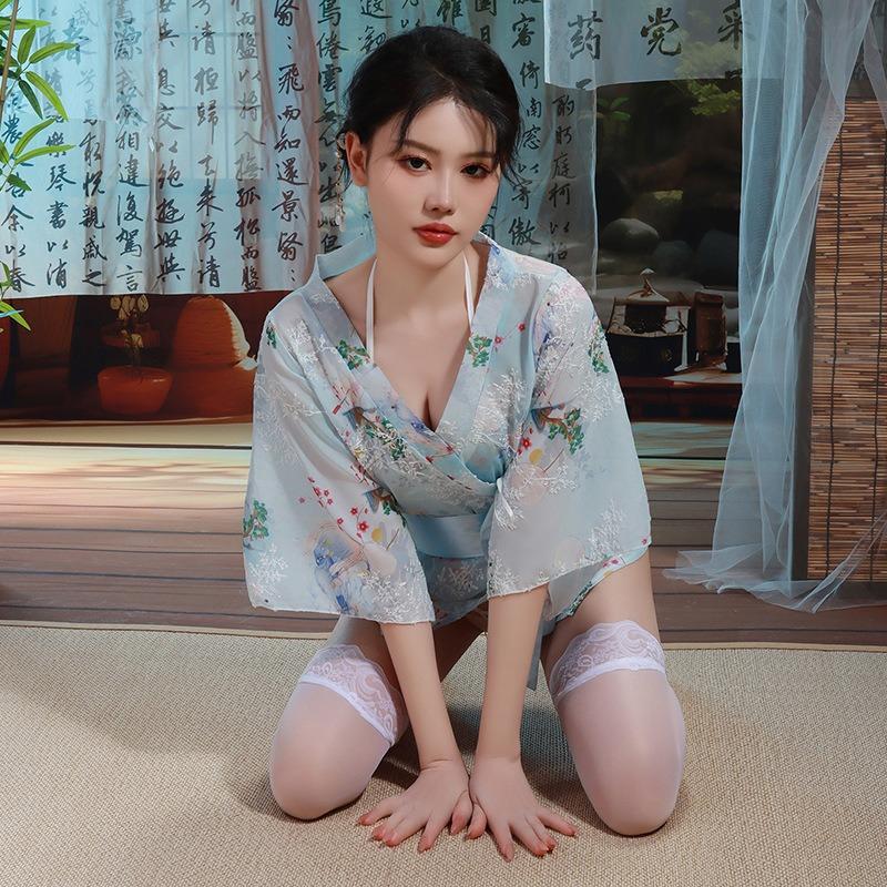 

Сексуальное нижнее белье кимоно пижама пижама с открытой перспективой кардиган с бантом трехточечный женский профессиональный шарм average size синий