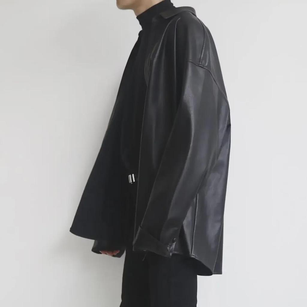 Męska koszula z długim rękawem ze skóry PU o kroju oversize: Amerykański styl, jednolity kolor, jesienny, wszechstronny, modny dla studentów i par