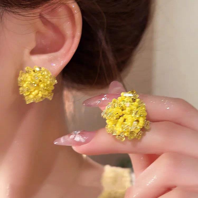Super fairy yellow mesh earrings women's vacation style chiffon sweet stud earrings atmosphere seaside high-end color earrings