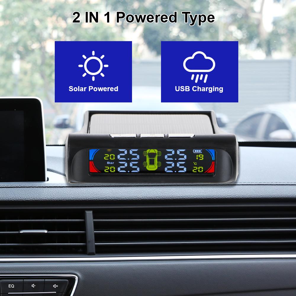USB Solar TPMS 0-8Bar Car Tire Pressure Monitoring System Auto Security Alarm Systems Tyre Temperature Monitor with 4 Sensor