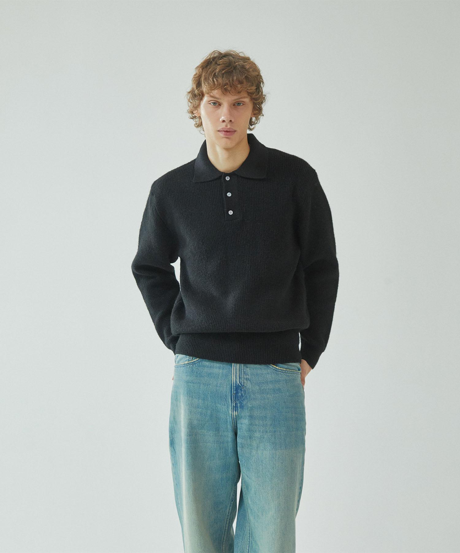 Pin Black (Men) Button Collar Neck Wool Knit Black Black/Free