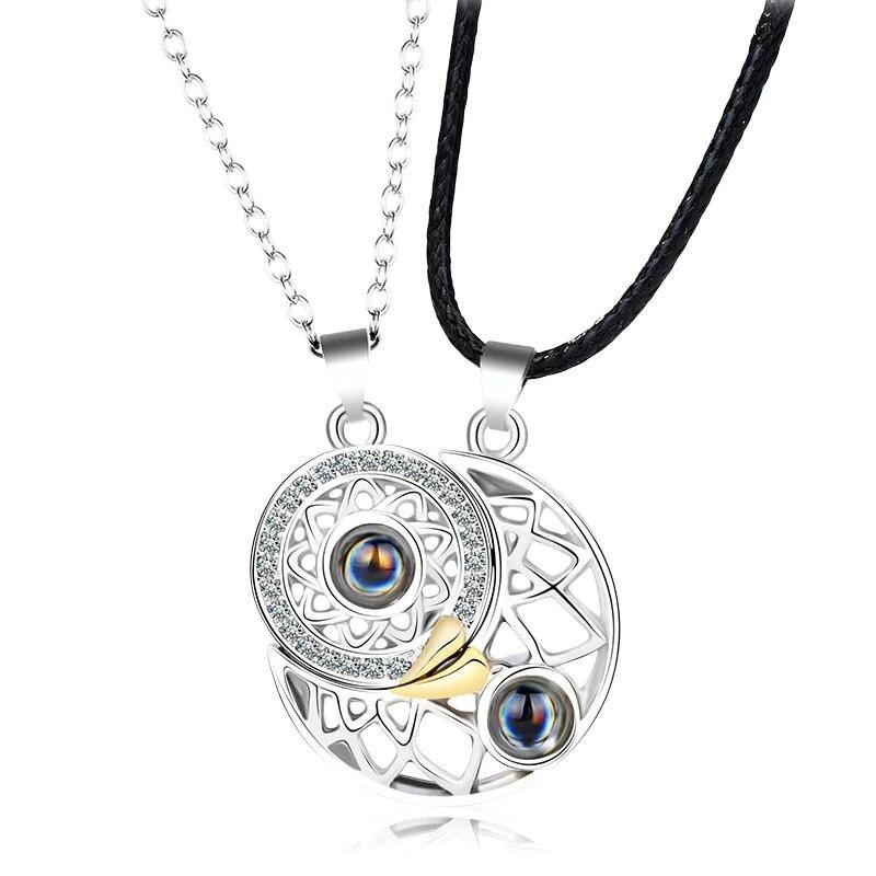 1 Pair Magnetic Couple Matching Necklace for Women Men 100 Languages I Love You Projection Sun Moon Heart Shape Pendant Jewelry