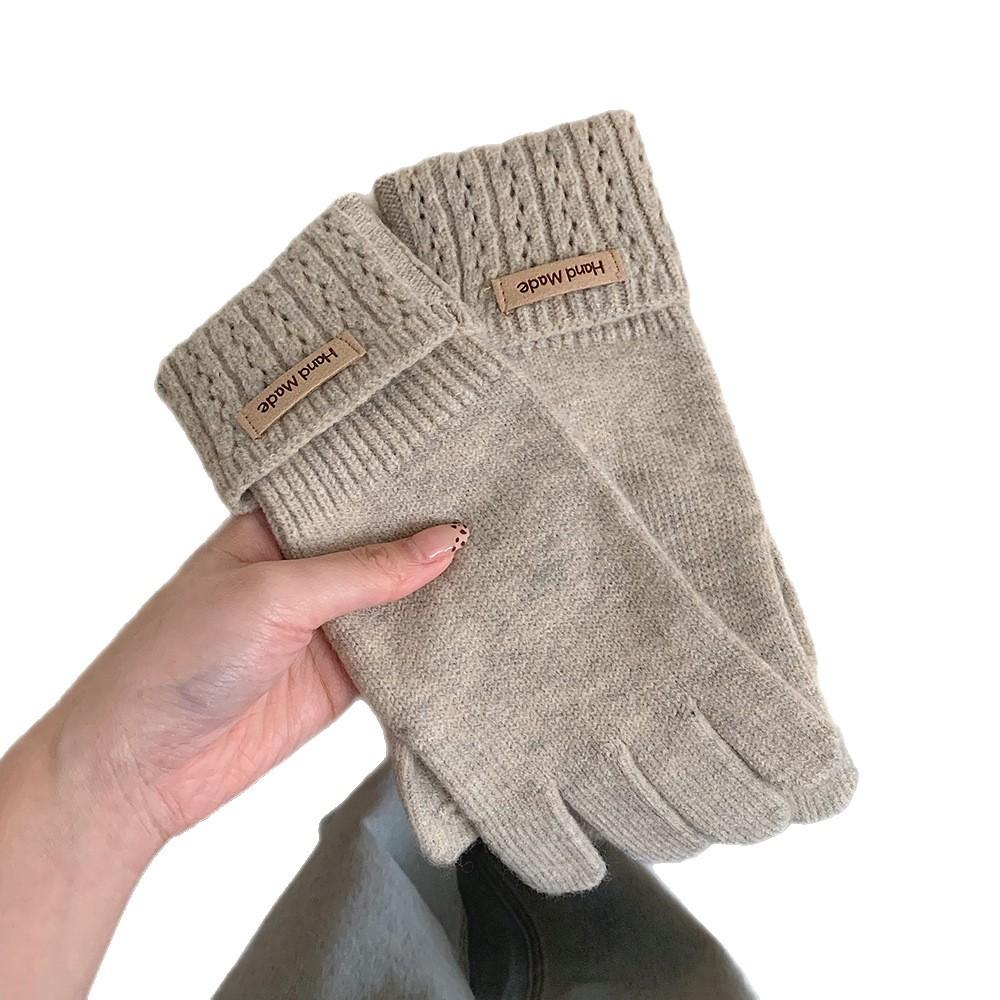 Korean Knitted Cashmere Gloves for Men and Women, Solid Color Labeling In Autumn and Winter, Warm and Cold Protection, Wrist Guard, Sub-finger Leakage
