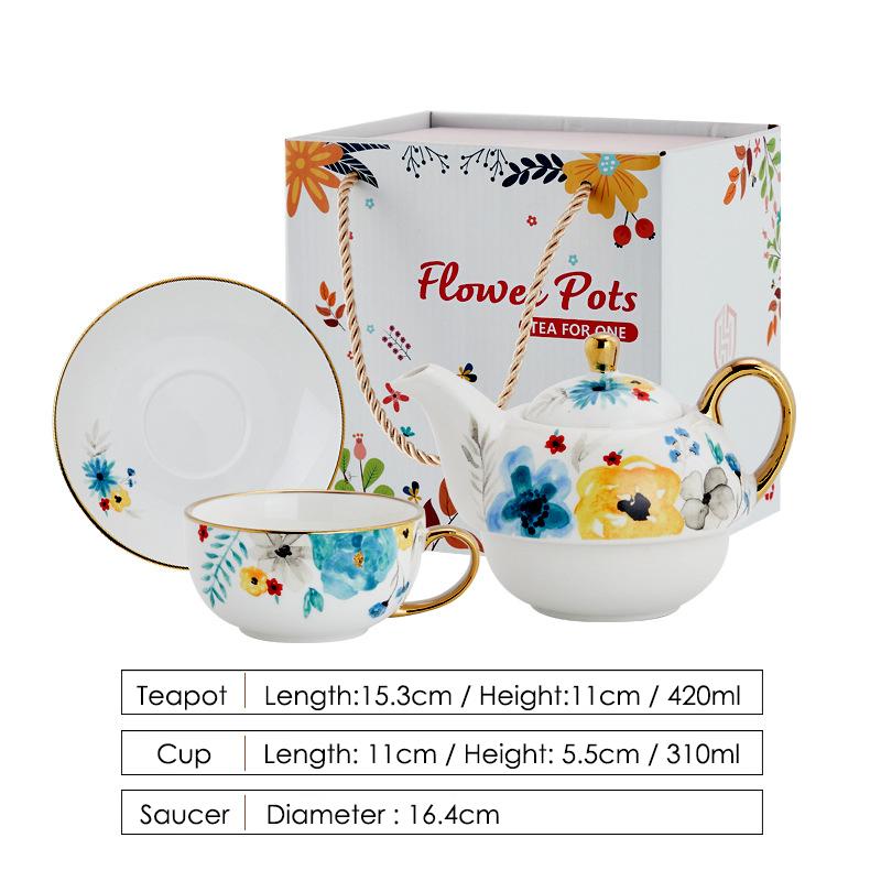 420ml Ceramic Tea for One Set Floral Teapot Tea Cup Saucer Gold Plating Handle Flower Mug Gift Box