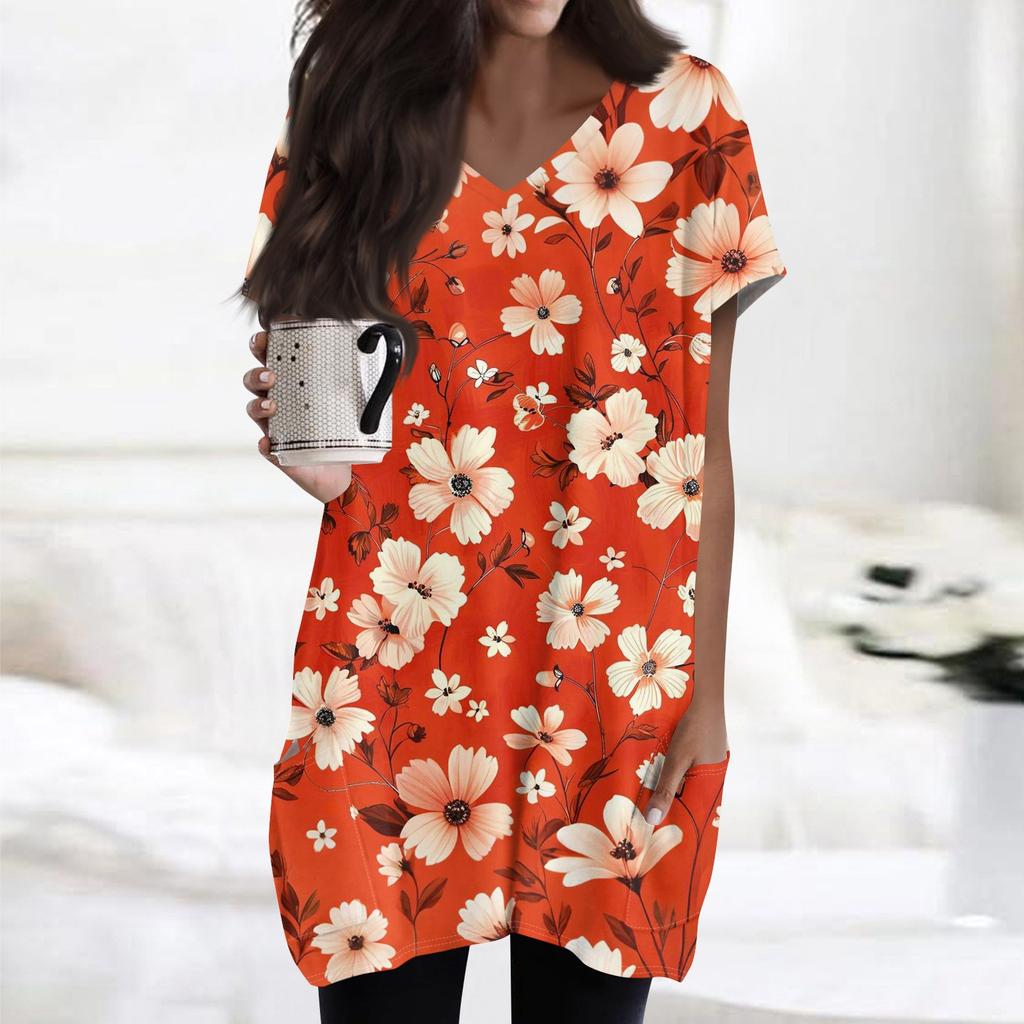 Damen Retro Blumen- und Blätterdruck V-Ausschnitt Midi Tasche Kurzarm Top