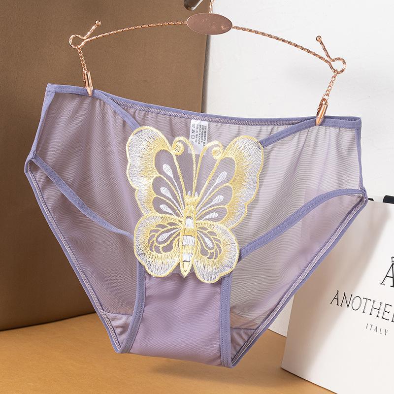 Plus-size Ladies Summer Lace Butterfly Embroidery Hollow Mesh Cotton Crotch Waist Panties