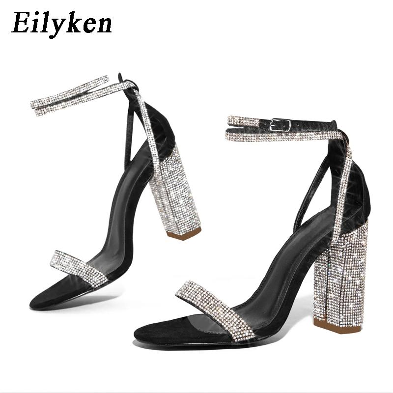 Fashion Eilyken Fashion Design Crystal Women Sandals Square Heel Peep Toe Buckle Strap Wedding Ladies Shoes Zapatos De Mujer