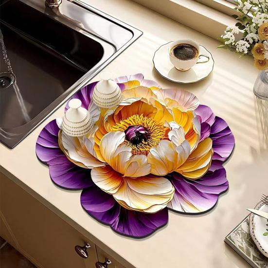 Yousheng 3D Dish Drying Mat Absorbent Kitchen Drying Mat Floral Reusable Washable Dish Drying Pad Non-slip Dish Rack Mats for Kitchen Counter