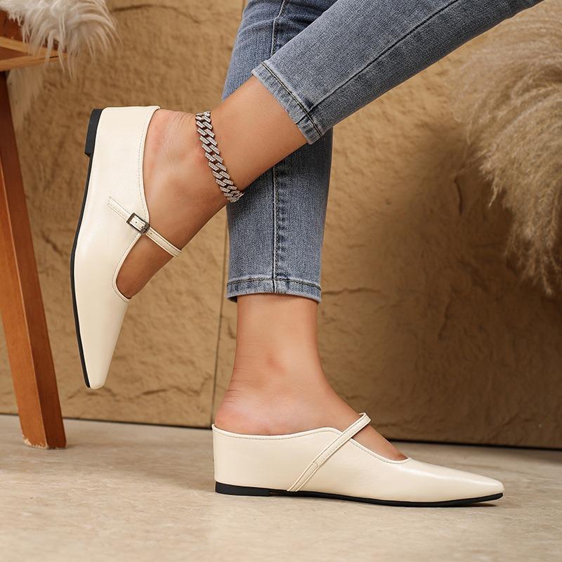 Pointed Single Shoes Women's Shallow Mouth Soft Sole Low Heel One-word Buckle Bag Head Inner Height Increase Mary Jane Shoes Fashion