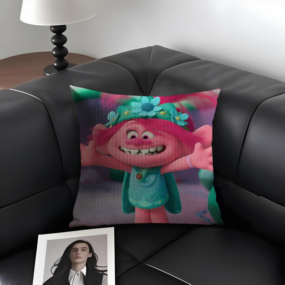 T-Trolls Cartoon Cushion Cover Natural Linen Organic Fabric Double-Sided Printing Sofa Home Decor Gift Pillow Case