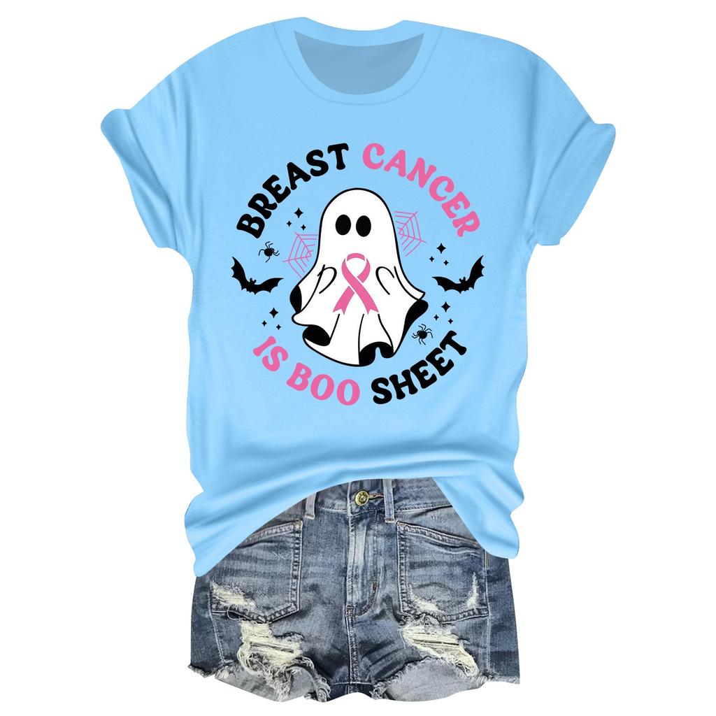 Women's Casual Halloween Breast Print T-Shirt Round Neck Pullover Short Sleeve Top