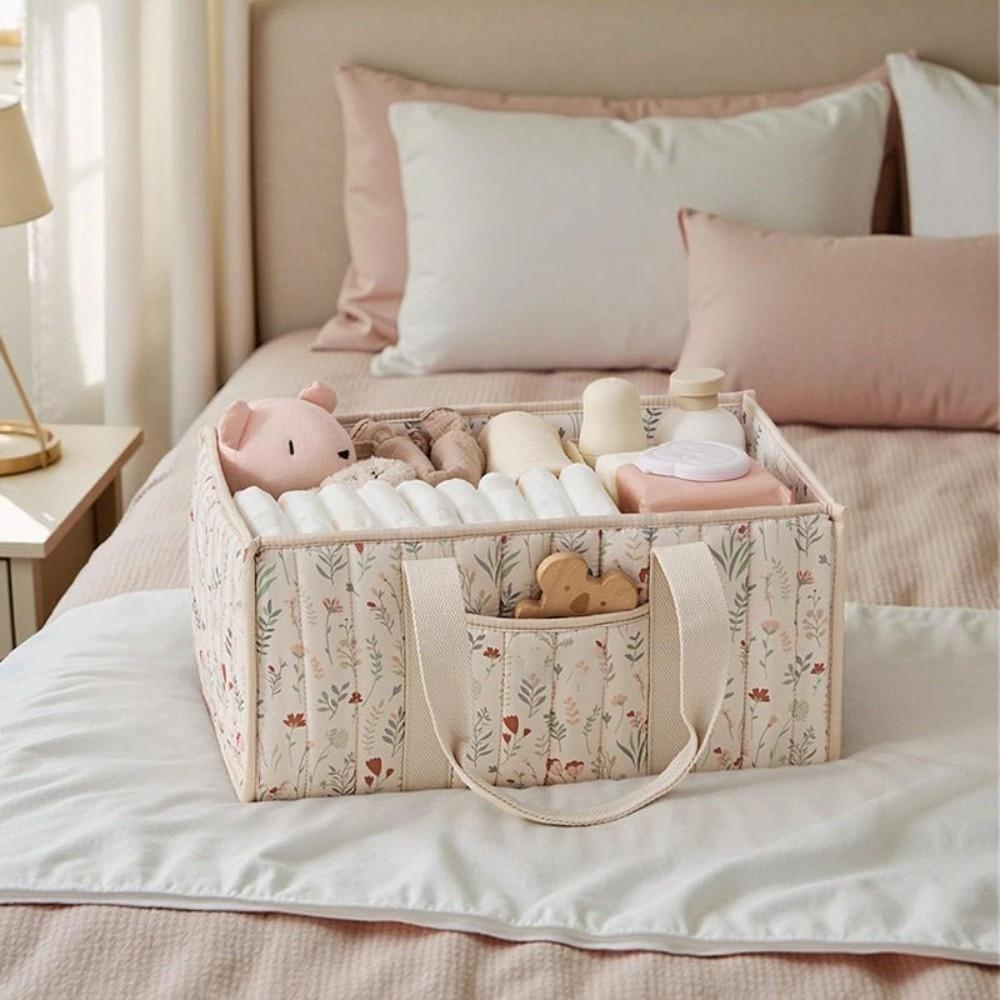 Large Capacity Foldable Mommy Bag Floral Beige Diaper Storage Bag Outdoor Travel